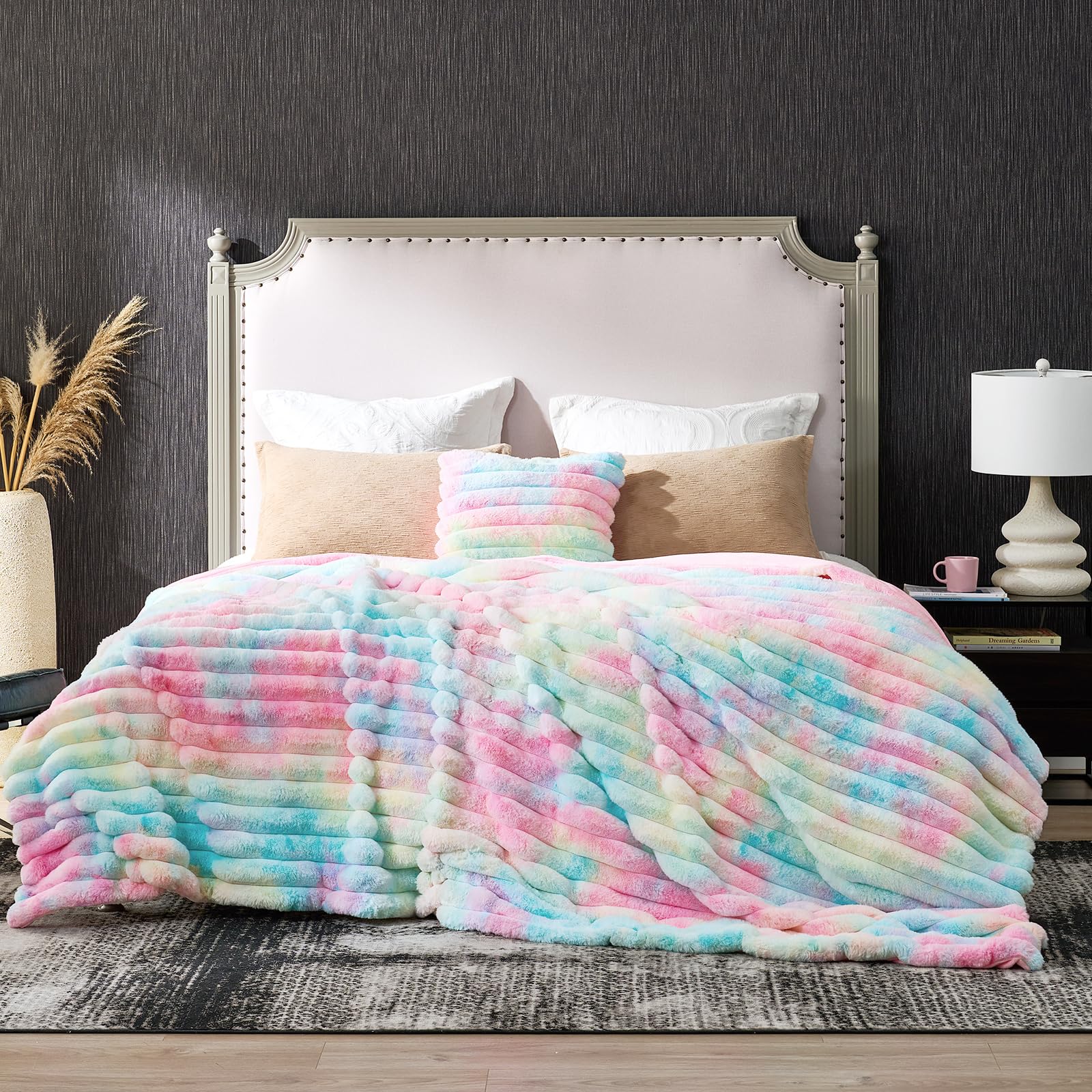 Cozy Bliss Faux Fur Throw Blanket for Couch, Cozy Warm Plush Striped Blanket for Sofa Bedroom Living Room, 50 * 60 Inches Sage Green Dormly