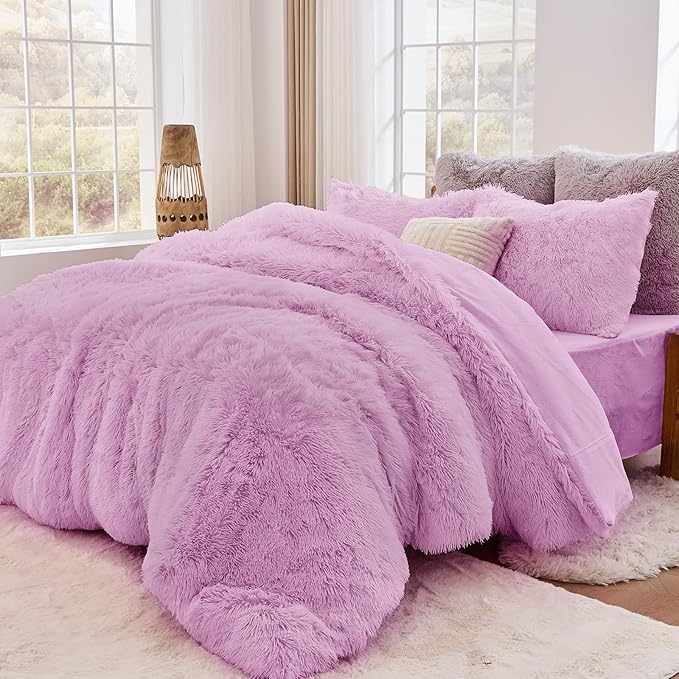 Sasttie 2-Piece Fluffy Duvet Cover Twin/Twin XL, Ultra Soft Faux Fur and Velvet Light Purple Comforter Cover, Fuzzy Bedding Sets for Winter Bed, Includes 1 Duvet Cover and 1 Pillowcase, No Comforter