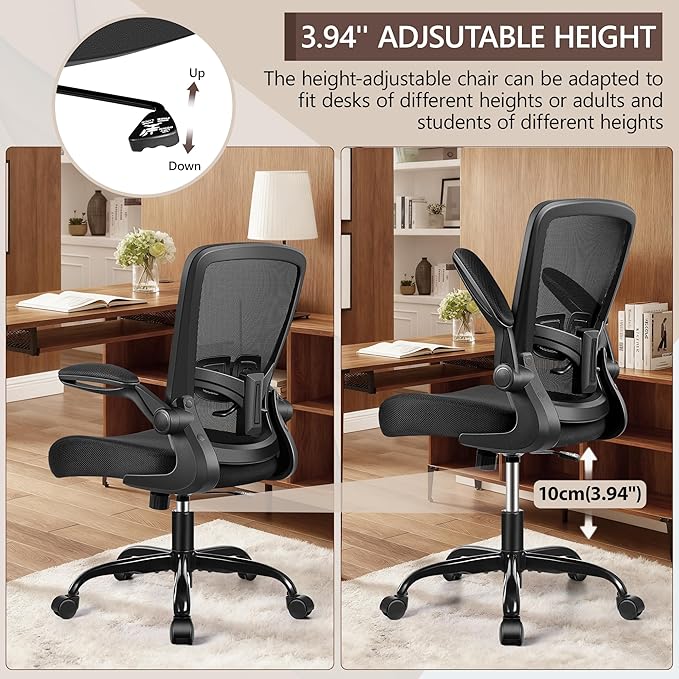 Ergonomic Office Chair - High Back Mesh Computer Desk Chair with Adjustable Lumbar Support, Flip-Up Armrests, Tilt Function - Perfect for Gaming, Work, and Study -Light Black