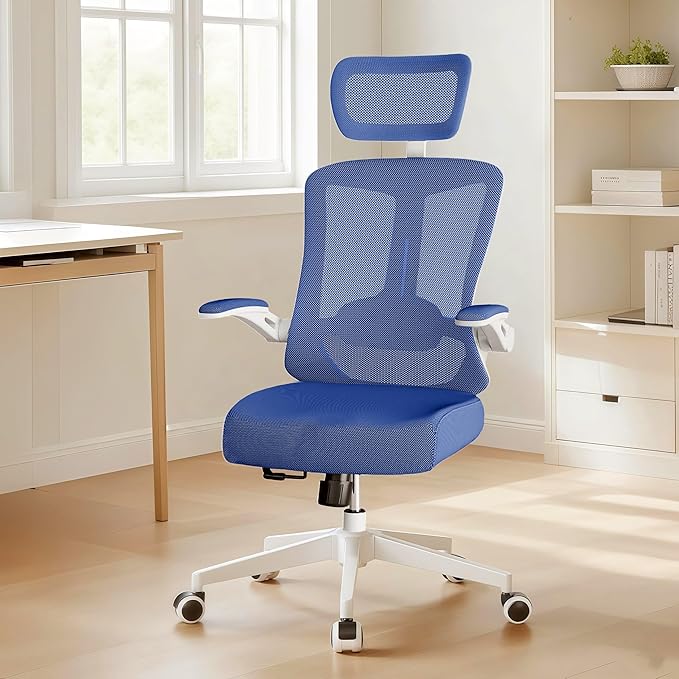 Ergonomic Office Chair - 400LB Comfy Desk Chairs with Adjustable Headrest and Lumbar Back Support, Mesh Computer Chairs with Wheels and Arms for Home Office, Study (669Blue-With Headrest)