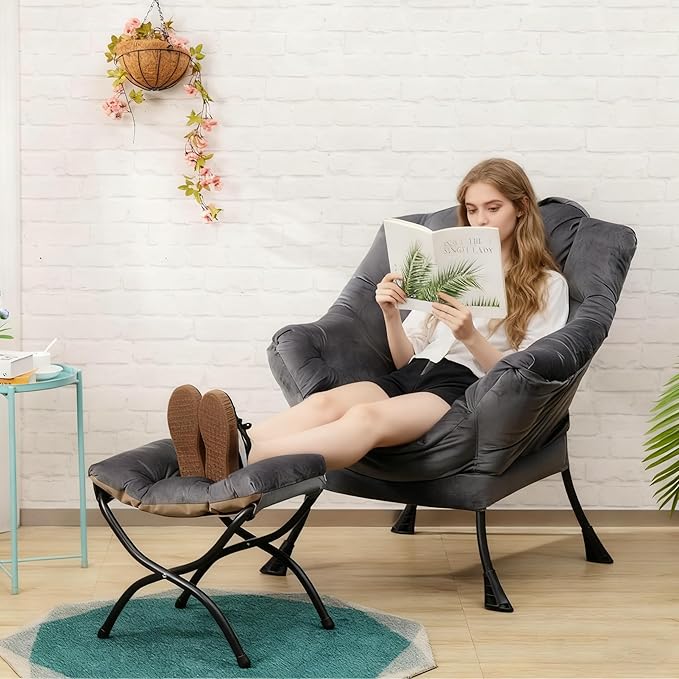 HollyHOME Lazy Chair with Foldable Ottoman, Accent Comfy Lounge Armchair and Folding Footrest Stool, Leisure Sofa Reading Chair and Footstool for Living Room, Bedroom, Dorm,Velvet Smoky Grey