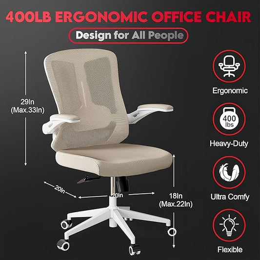 Ergonomic Office Chair - 400LB Comfy Desk Chairs with Lumbar Back Support, Mesh Computer Chairs with Wheels and Arms for Home Office, Study (669khaki-Without Headrest)