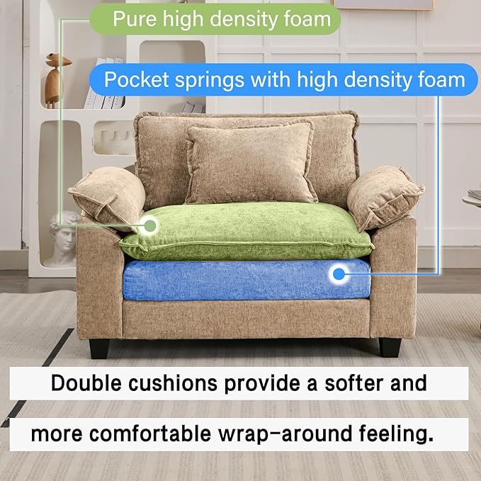 Modular Sectional Sofa, Comfy Cloud Couch Sectional Sofa, Chenille Sofa Sleeper Deep Seat Sofa with Throw Pillows for Living Room (Khaki, 53"- Single Seat)