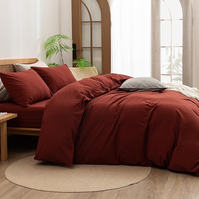 BESTOUCH Duvet Cover Set 100% Washed Cotton Linen Feel Super Soft Comfortable Chic Lightweight 3 PCs Home Bedding Set Solid Fired Brick Red Super King Plus