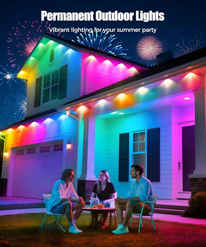 POOFZY Permanent Outdoor Lights for House,100ft RGB+IC Smart Outdoor Decor, 50 Scene Modes,App/Remote Control,IP67 Waterproof,for Christmas,Halloween,Daily & Holiday Party Decor,House Roof Lighting