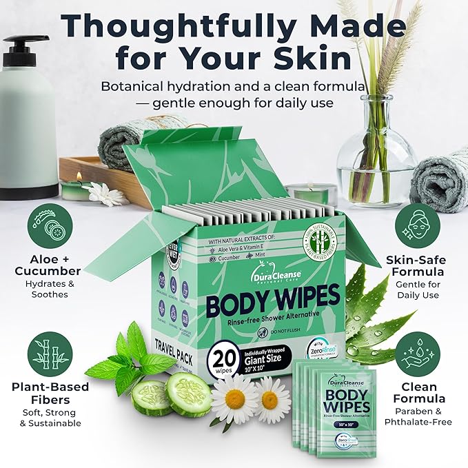 Dura Cleanse Travel Body Wipes - Sensitive Skin (Gentle Clean) - 20 Count, XL 10”x10” Individually Wrapped No-Rinse Shower Wipes for Women & Adults, Travel, Gym, Post-Workout & Elder Care