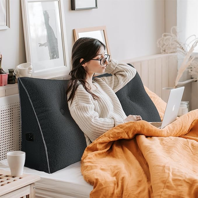11 lbs Thickened Wedge Pillow Headboard Body Positioner Bed Wedge Pillow Backrest Support Triangular Headboard Pillow for Sleeping with Side Pocket Velvet Positioning Support Deep Grey Queen