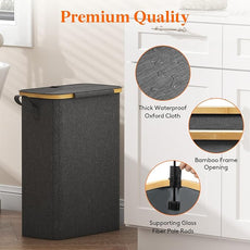Lifewit 50L Slim Laundry Hamper with Lid, Narrow Laundry Basket with Removable Bag & Bamboo Handles, Fodable Thin Dirty Clothes Hamper for Laundry Collapsible Bin for Bathroom Bedroom Dorm, Dark Gray