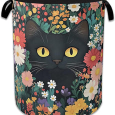 Cute Funny Black Cat Laundry Basket,Oxford Cloth Flower Laundry Hamper With Handle Foldable Portable Clothes Storage Basket for Laundry Room/Bedroom/Bathroom 20.8