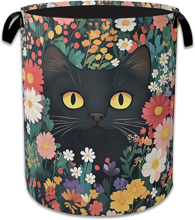 Cute Funny Black Cat Laundry Basket,Oxford Cloth Flower Laundry Hamper With Handle Foldable Portable Clothes Storage Basket for Laundry Room/Bedroom/Bathroom 20.8"x16"