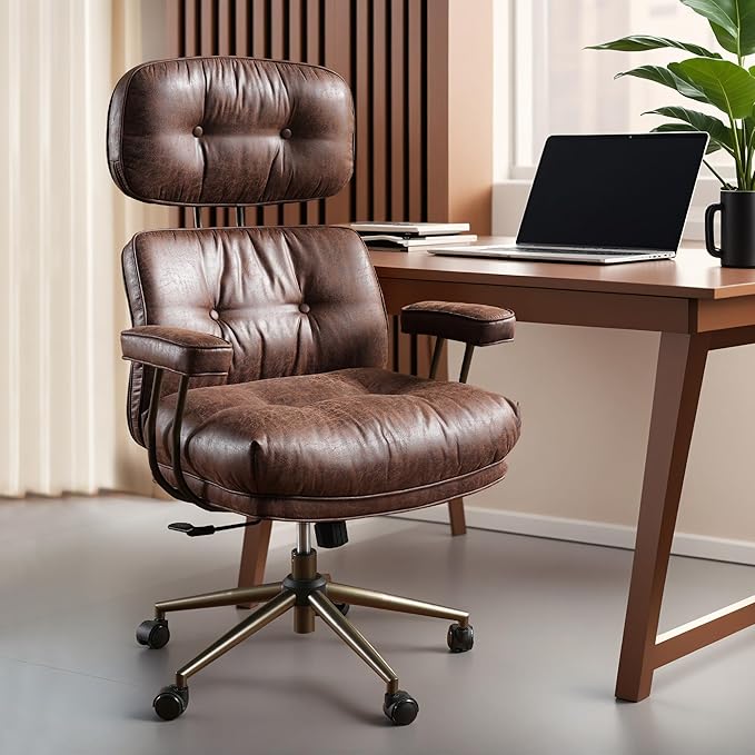 ovios Ergonomic Office Chair, High Back Faux Leather Executive Chairs with Thick Cushion, Comfy High-Century Modern Swivel Rolling Computer Armchair (Dark Brown, Suede Leather)