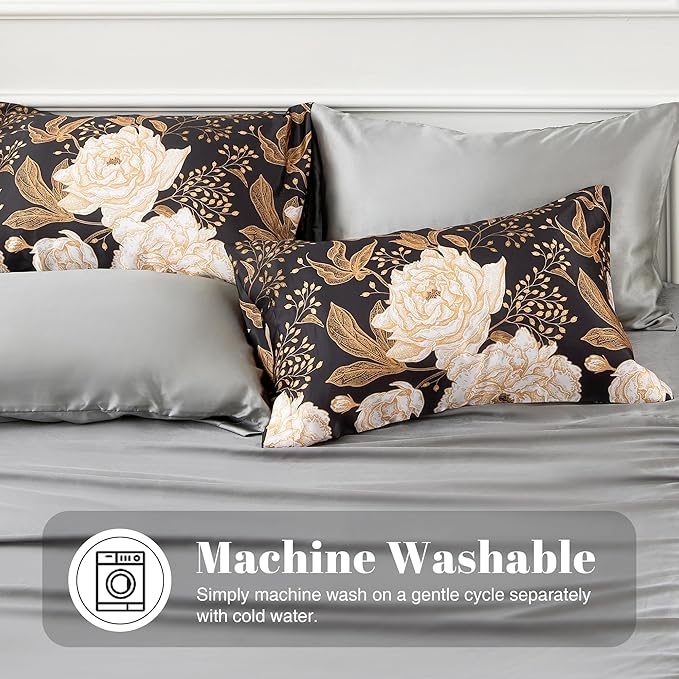 EXQ Home Satin Pillowcase for Hair and Skin Queen - Peony Printed Standard Silk Pillowcase 2 Pack 20x26 inches - Satin Pillow Cases Set of 2 with Envelope Closure, Gifts for Women