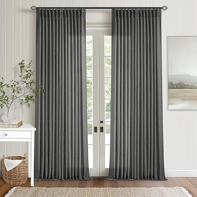 Charcoal Grey Pinch Pleated Linen Curtains 108 Inches Long for Living Room 2 Panels Set Flax Double Pleated Drapes Back Tab Farmhouse Neutral Ceiling Floor 108 Inch Window Curtains Bedroom Dark Grey