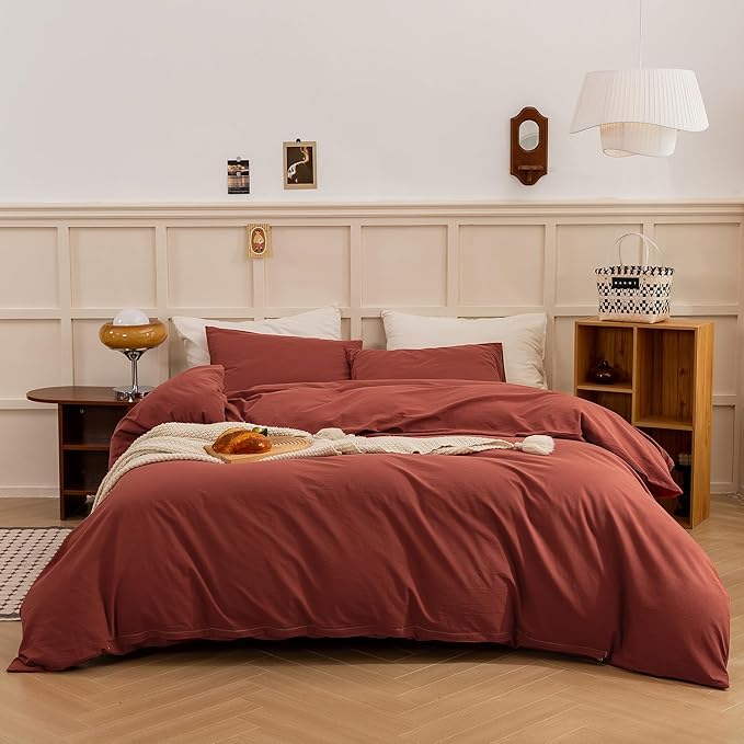 ECOCOTT Duvet Cover King Size - Linen Feel Organic Natural 100% Washed Cotton, Soft Breathable 3 Pieces Bedding Set with Zipper Closure, Burnt Brick Red