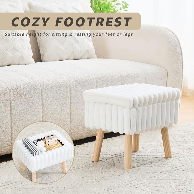 Wimarsbon Storage Ottoman,Soft Faux Fur Footstool with Padded Seat, Small Reading Vanity Chair, Footrest with Wood Tray for Couch, Mini Coffee Table or Display Stand (Cream, Rectangular Storage)