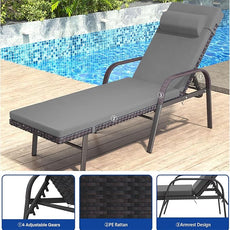 Patio Chaise Lounge Set 3 Pieces Pool Lounge Chairs,Cushioned Outdoor Folding Lounge Chair w/Arm and Rattan Adjustable Backrest for Poolside Porch,Folding Table Included,Grey