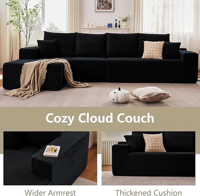 135" Modular Sectional Couches for Living Room, Comfy Boneless L Shaped Cloud Couch with Chaise Lounge, Modern Cozy Corduroy Deep Seat Floor Sofa, Memory Foam, No Assembly Required, Black