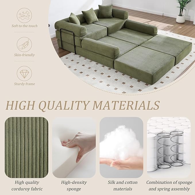 106" Oversized Convertible Sleeper Sofa Bed, Corduroy L Shape Sectional Couch, Folding Sofa Bed with Side Pocket, Modern Cloud Floor Mattress Couch, Modular Sofa for Living Room, Olive Green