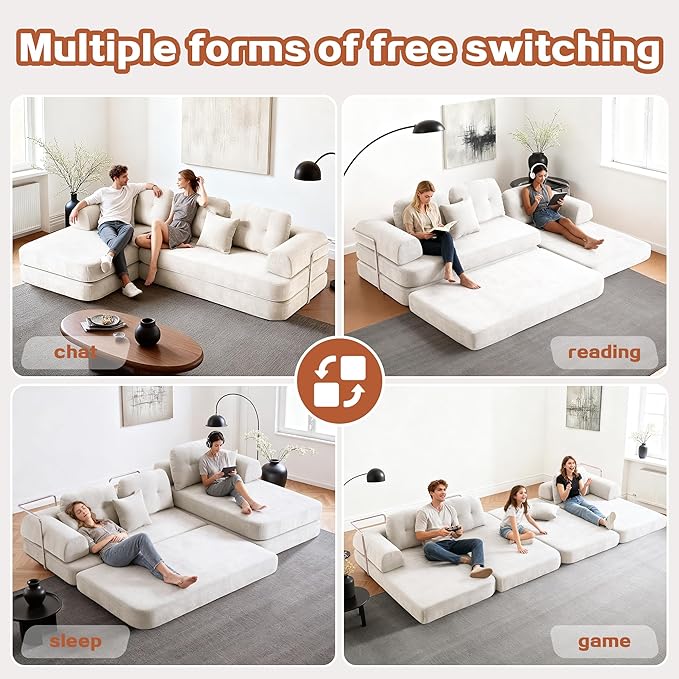 104" Oversized Convertible Sleeper Sofa Bed, Chenille L Shape Sectional Couch, Folding Sofa Bed with Fixed-Shape Frame, Modern Cloud Floor Mattress Couch, Modular Sofa for Living Room, Light Grey