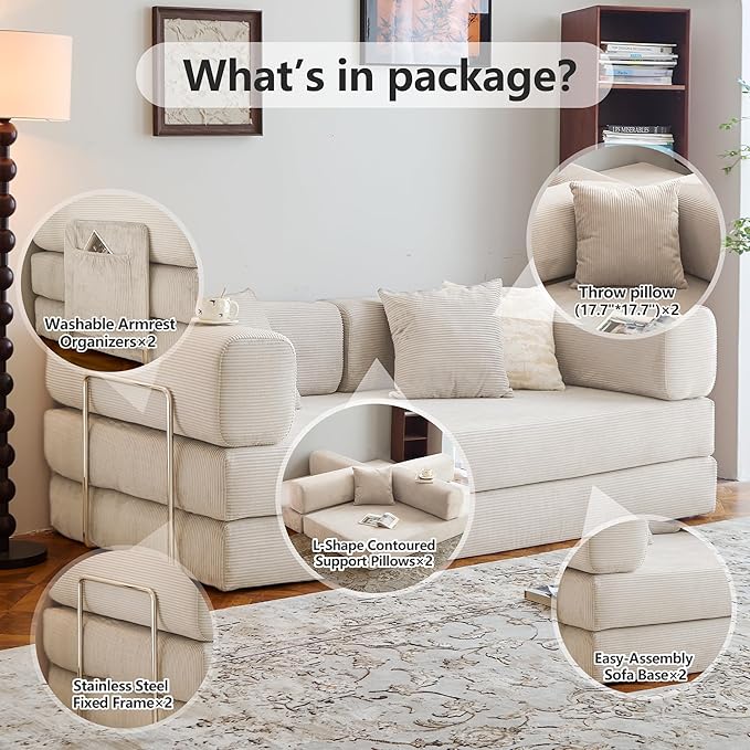 78.8" Convertible Sofa Bed -Compression Sofa with Corduroy Fabric - with Armrests and Backrest - Modular Sectional for Living Room, Bedroom, Studio - Compression Sofa in Box (Beige)