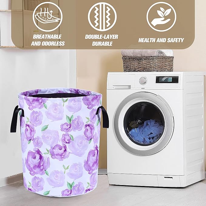 Purple Watercolor Floral Laundry Basket Foldable Oxford Cloth Funny Tote Bag Laundry Hamper Clothes Storage Bucket Organizer For Bathroom/Laundry Storage/Bedroom 17.7x13.7 Inch