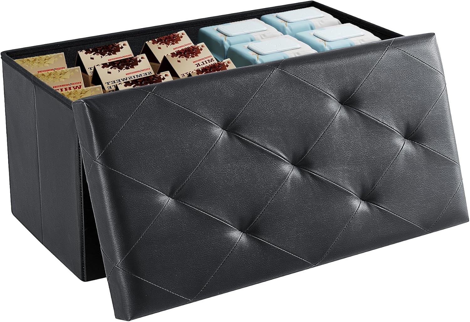 DUMOS 30in Foldable Storage Ottoman Bench, Storage Chest, End of Bed Foot Rest Stool with Padded Seat, Bedroom Bench for Living Room, Bedroom, Support 660lbs, Grey Dormly