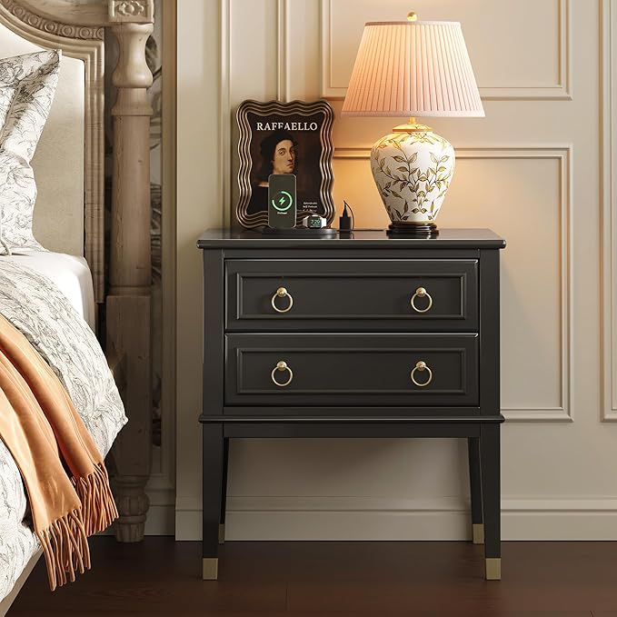 Huuger 27.6 Inch Tall Nightstand with Charging Station, USB-C Port, Larger Night Stand Set of 2, Bedside Table with 2 Drawers, 11.4 Inch Raised Legs, Side Tables End Tables, for Bedroom, Black