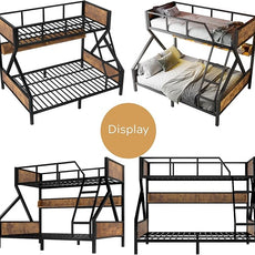 Twin XL over Queen Bunk Bed with Shelves, Metal Bunk Beds with Ladders and Lights, Heavy-duty Bunkbed for Bedrooms, Guest Rooms and Dorms, No Box Spring Needed and Noise-free Design, Woodgrain