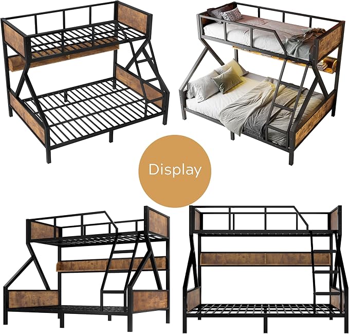 Twin XL over Queen Bunk Bed with Shelves, Metal Bunk Beds with Ladders and Lights, Heavy-duty Bunkbed for Bedrooms, Guest Rooms and Dorms, No Box Spring Needed and Noise-free Design, Woodgrain
