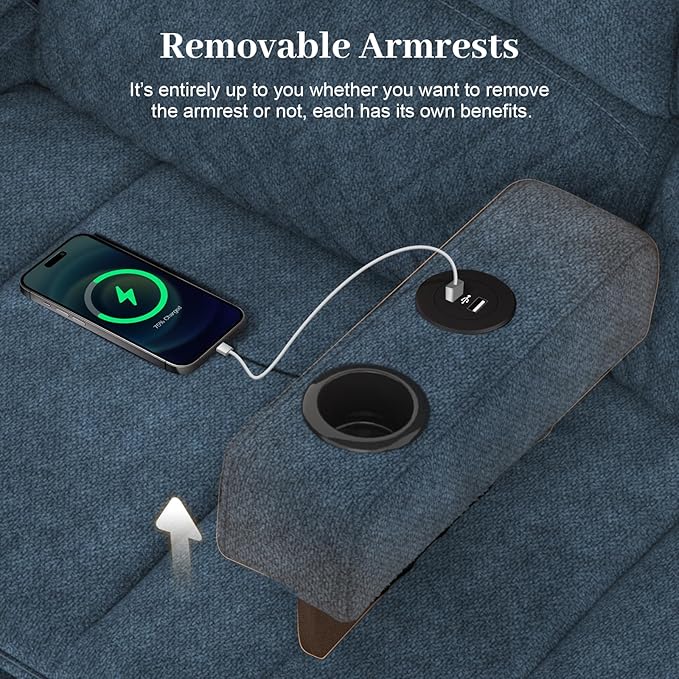 Manual Reclining Sectional Sofa Set, 5 Seats Soft Fabric Recliner Corner Sectional Couch, Family-Sized L-Shaped Recliner Couch with USB Charging, Thickened Padding, Sturdy Frame, Blue