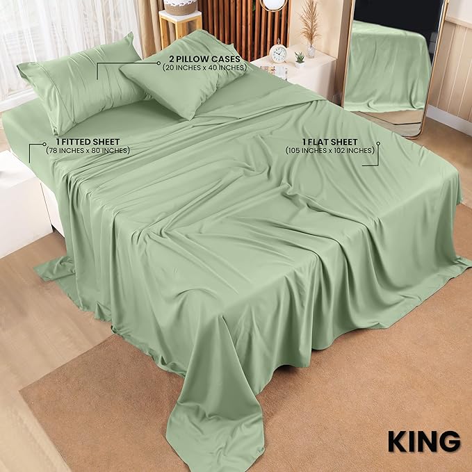 Utopia Bedding King Sheet Set – 4 Piece Bed Sheets for King Size Bed, Soft and Breathable Microfiber, Includes 1 Fitted Sheet, 1 Flat Sheet and 2 Pillowcases (Sage)