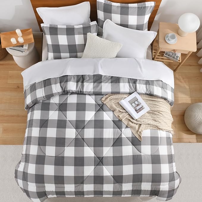 Andency Plaid Comforter Full(79x90Inch), Gray White Checkered Gingham Buffalo Bed Set for Boys Teens, Lightweight Bedding，3 Pieces(1 Comforter & 2 Pillowcases)