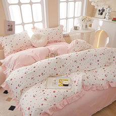 MKXI Strawberry Print Comforter Set - Pink and White Ruffled Bedding with Floral Accents, Soft Microfiber, 3-Piece Twin XL Size, Lightweight and Cozy for Kids, Teens, and Adults