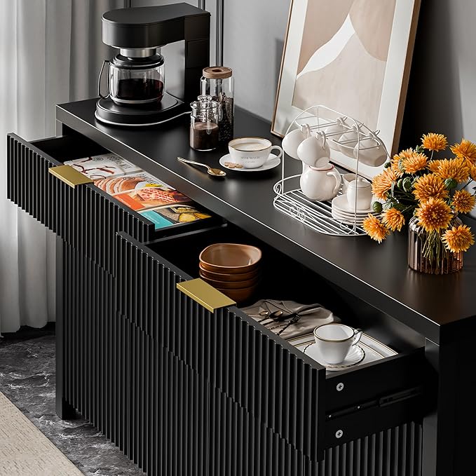 Lulive Black Fluted Buffet Cabinet with Storage 55 inch Wood Large Sideboard with Adjustable Shelves for Entryway Kitchen Living Room
