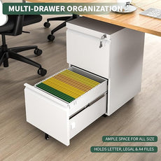 2 Drawer File Cabinet with Lock,Under Desk Rolling Small Filing Cabinet for Home Office Storage, Mobile Steel Cabinets with Wheels, Fully Assembled, White