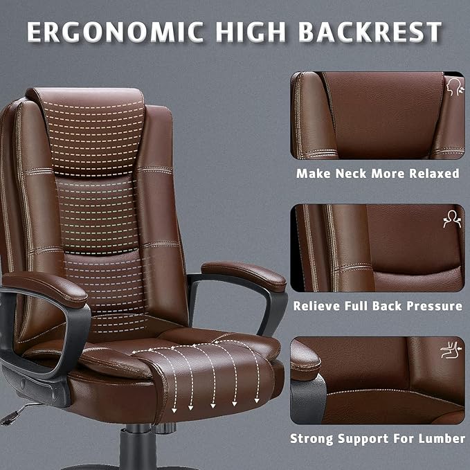 LEMBERI Office Desk Chair, High Back Executive Computer Chair, Ergonomic Big and Tall Adjustable PU Leather Chairs with Padded Armrest for Long Time Sitting (Brown)