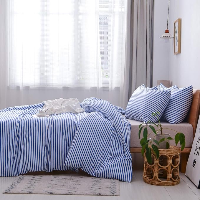 JELLYMONI 100% Natural Cotton 3pcs Striped Duvet Cover Sets,White Duvet Cover with Blue Stripes Pattern Printed Comforter Cover,with Zipper Closure & Corner Ties(Full Size)