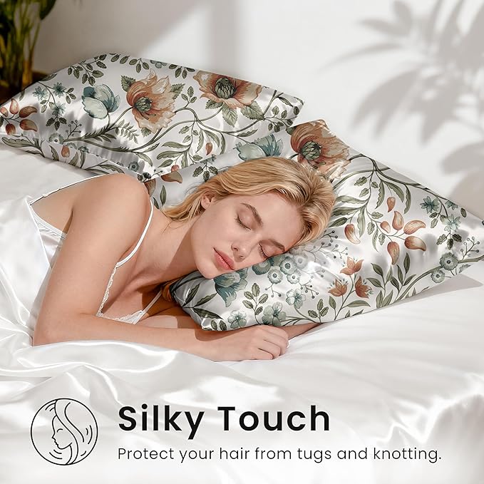 EXQ Home Satin Pillowcase for Hair and Skin Queen - Printed Summer Flowers Silk Pillow Cases 2 Pack 20x30 inches - Satin Pillow Cases Set of 2 with Envelope Closure, Gifts for Women Men