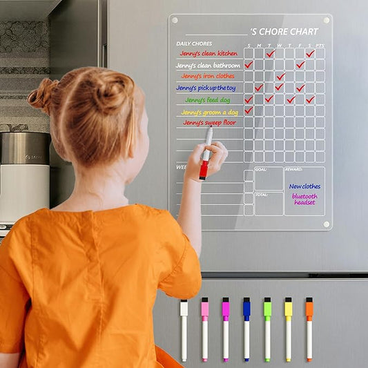 Acrylic Magnetic Chore Chart for Fridge, Clear Dry Erase Chores Chart for Refrigerator, Responsibility Reward Planning Board for Teens Family, w/ 8 Colors Markers, 12"x9"