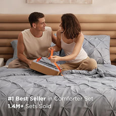 Bedsure California King Comforter Set Grey - Bed in a Bag Cal King Bedding Set 7 Pieces, GentleSoft™ Pintuck Bed Set Gift for Family, Pinch Pleat Grey Comforter with Sheets, Pillowcases & Shams