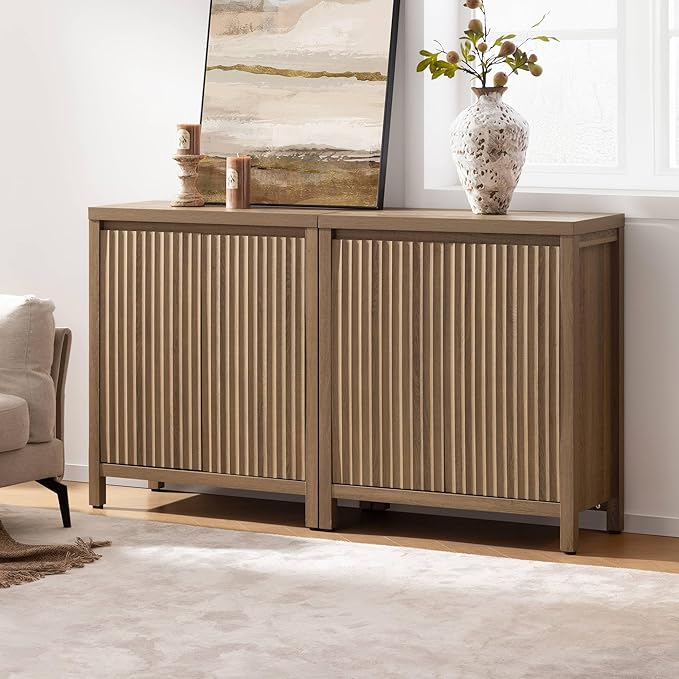 SICOTAS Sideboard Buffet Cabinet with Storage, Fluted Credenza Console Cabinet with Adjustable Shelves, Farmhouse Coffee Bar Storage Cabinets for Kitchen, Living Room, Entryway, Caramel Oak, 2 PCS