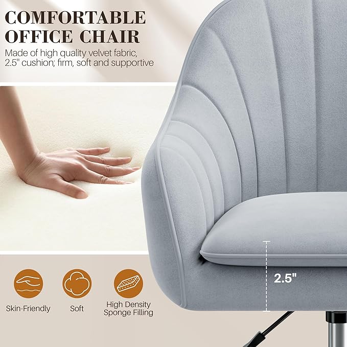 Vanity Chair with Wheels, Comfy Home Office Desk Chairs Adjustable Modern Velvet Makeup Vanity Chairs for Bedroom Living Room-Gray