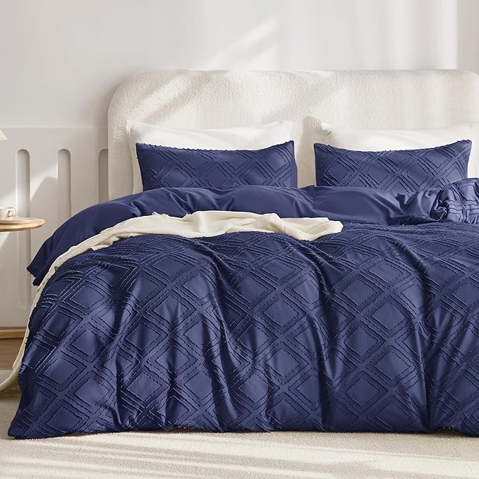JELLYMONI Duvet Cover Queen Size Navy Blue - 3PCS Boho Duvet Cover Set Plaid Polyester Tufted Bohemian Jacquard Knit Textured Comforter Cover 90×90in Rhombic Geometric Pattern Zipper Corner Tie