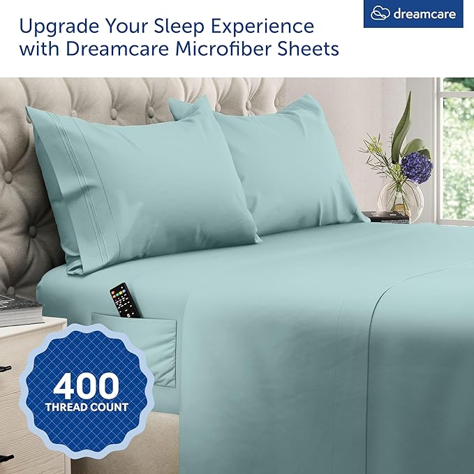 DREAMCARE King Size Sheets Set – 4 pcs Cooling Sheets – up to 21” Deep Pocket King Sheet Set – Hotel Luxury Sheets & Pillowcases – Superior Softness 100% Microfiber with Side Pocket - Spa Blue DREAMCARE