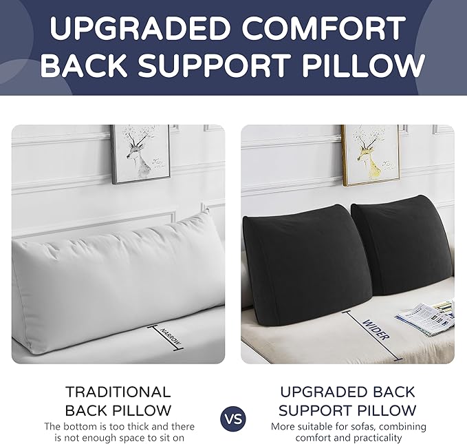 Daneey Back Pillow for Sitting in Bed, Back Support Pillow for Couch, Back Pillow for Couch Replacement, Removable Velvet Cover, Black