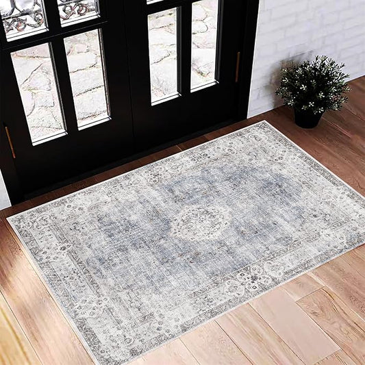Washable Area Rug 2'x3' Door Mat Vintage Distressed Doormat Indoor Entrance Traditional Thin Rug Floral Print Non Slip Carpet for Kitchen Bathroom Bedroom Living Room