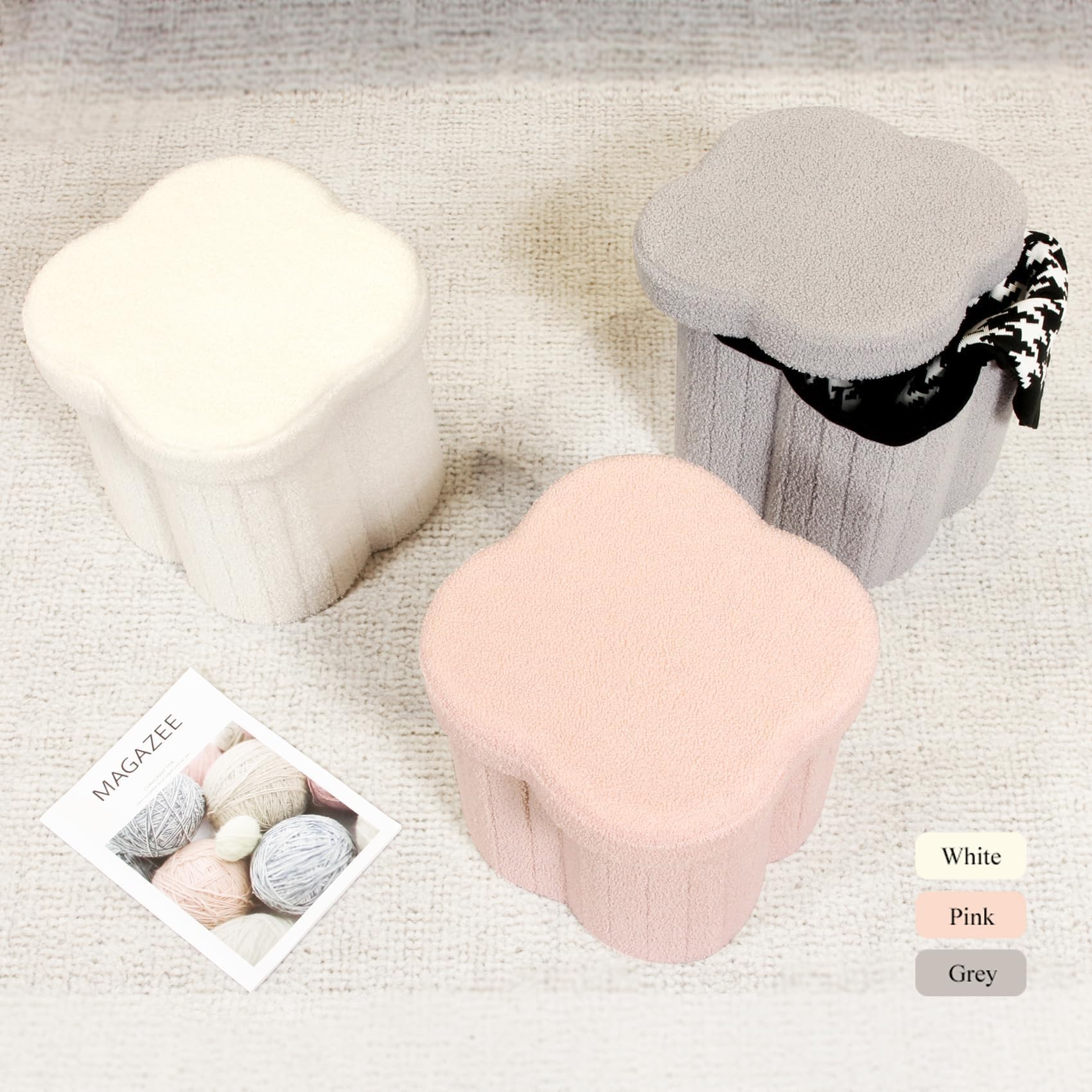 B FSOBEIIALEO Storage Ottoman Cube, Flowers Shaped Ottomans with Storage Foot Stool Footrest for Lving Room, Boucle Ottoman Seat for Dorm Room,Faux Teddy Fur,White 12.6"x12.6"x12.6" Dormly