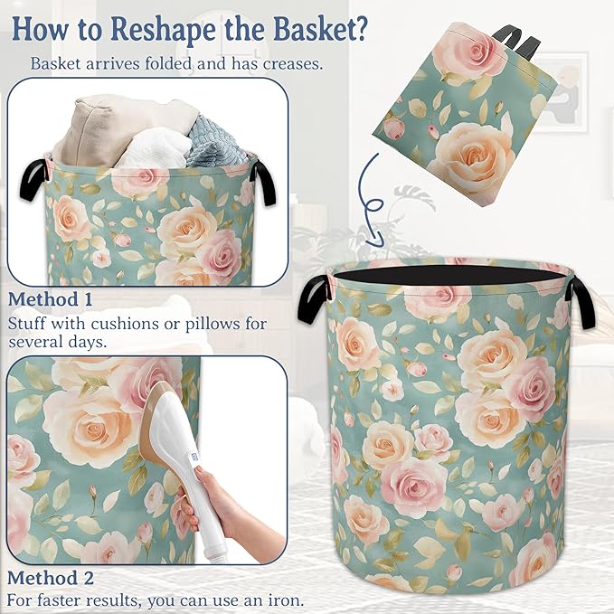 Vintage Pink Rose Laundry Basket,Foldable Waterproof Oxford Cloth Tote Bag Laundry Hamper with Handles,20.8"x16" Clothes Storage Bucket Organizer for Laundry Room, Bathroom, Bedroom