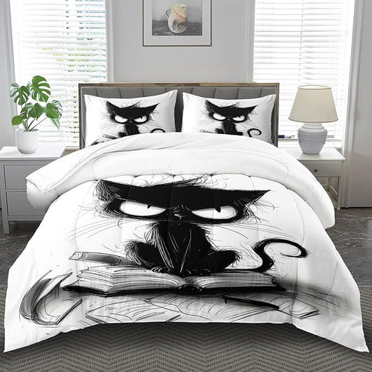 Cute Black Cat Comforter Set King Size Cute Pet Bedding Set Boys Girls White and Black Comforter Cartoon Cat Quilt Animal Bedroom Decor Kawaii Animal Print Bedding Boys Kids
