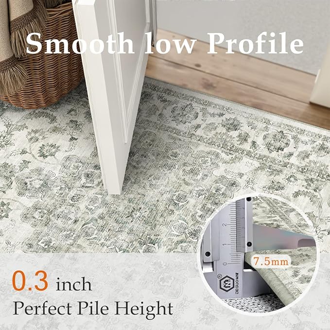 12x15 Neutral Area Rug Green Vintage Living Room Bedroom Washable Carpet Non-Slip Soft Low Pile Floral Indoor Large Throw Rug for Dining Room Office